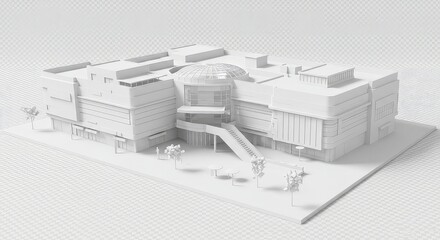 Stunning modern architectural model showcasing a sleek, contemporary building with a glass dome and clean lines, perfect for urban development concepts and design inspiration