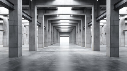 Naklejka premium Concrete corridor with repeating pillars and light
