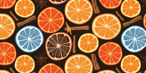 Citrus fruit slice seamless pattern with orange lemon lime grapefruit cinnamon stick star anise and vibrant color on dark background cheerful and fresh design