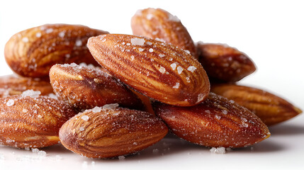 Pile of seasoned almonds: A close-up view of roasted almonds sprinkled with salt against a white backdrop.