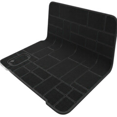 A curved, dark gray car floor mat features a textured brick-pattern design.