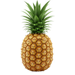 A single, ripe pineapple displays its vibrant yellow-gold skin and striking green crown against a stark black background.