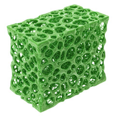 A vibrant green, intricate, three-dimensional lattice structure, rendered with a glossy sheen, forms a cubic shape against a stark black background.