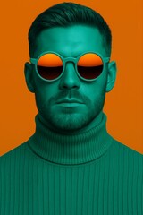 Man wearing sunglasses and a green turtleneck against an orange background