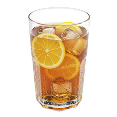 Refreshing iced tea beverage, garnished with lemon slices, presented in a clear glass with ice cubes.