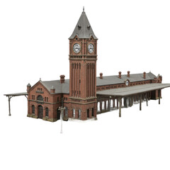 A detailed illustration of a classic brick train station, showcasing a tall clock tower and spacious platform.