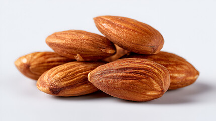 A handful of almonds, a nutritious snack known for healthy fats and vitamins, on a white surface.