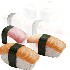 Colorful assortment of sushi pieces displayed against a dark backdrop.