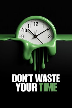 Melting clock dripping green liquid with don t waste your time text