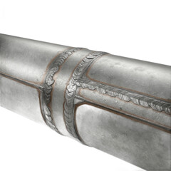 A close-up view of a metallic pipe, showcasing intricate weld lines and a rough, textured surface.