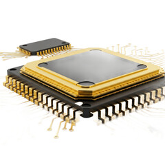 Close-up view of a gold-toned microprocessor chip with intricate circuit board patterns.