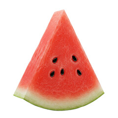 A vibrant triangular slice of watermelon, showcasing its juicy red flesh and dark seeds, against a stark black background.