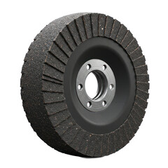 A circular abrasive grinding wheel, featuring a textured surface and a metal hub, is prominently displayed against a black background.