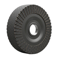 A detailed close-up view of a circular abrasive grinding wheel, featuring a dark gray surface and radial segments.