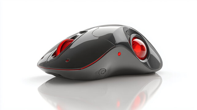 Black and red computer mouse on white surface