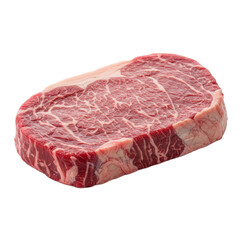 Obraz premium A fresh, raw steak slice, featuring a rich red hue and prominent marbling patterns, is displayed against a black background.