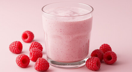 Raspberry smoothie in a glass surrounded by fresh ripe raspberries on a pink background healthy eating