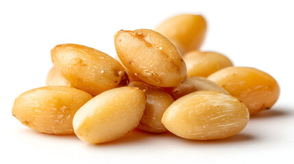 Pile of golden brown, roasted legume seeds. Close-up of nutritional snack for eating. Isolated.