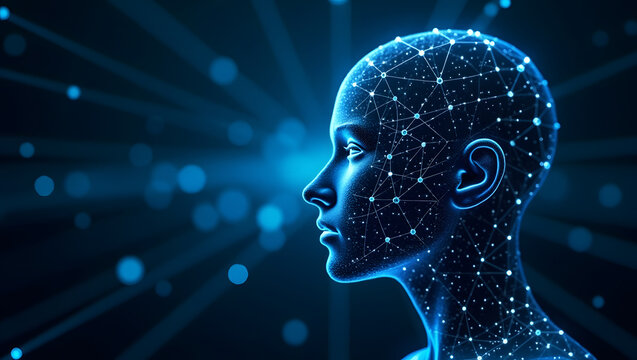 Abstract digital human head with network connections artificial intelligence concept in blue - Powered by Adobe