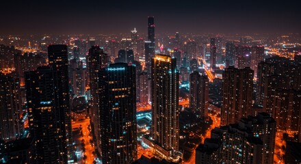 Fototapeta premium Night cityscape with illuminated skyscrapers and buildings, showcasing urban architecture and city lights.