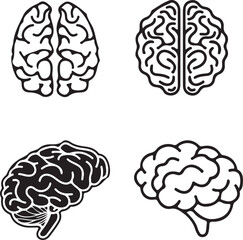 Set of four stylized human brain illustrations in different views