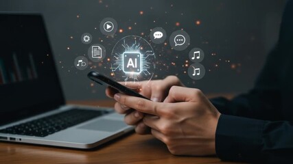 Person using smartphone with ai assistant overlay, laptop and icons floating, on a wooden surface - Powered by Adobe