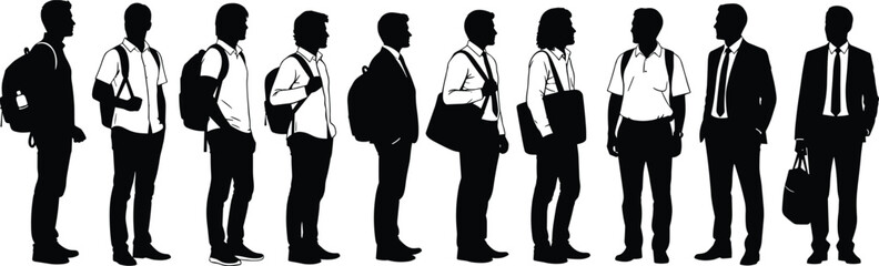 PrintSilhouette vector illustration of ten people standing in line, business and casual attire, carrying bags or backpacks, waiting concept, diverse poses