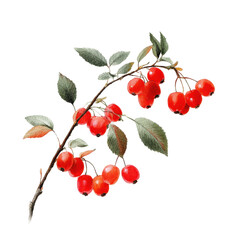 Vibrant red berries hanging from a branch with green leaves in a natural setting