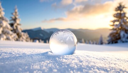Crystal ball in snowy mountain landscape at sunset