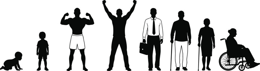 PrintSilhouette vector illustration showing stages of human life and mobility, from infancy to old age, including disability, achievement, and aging