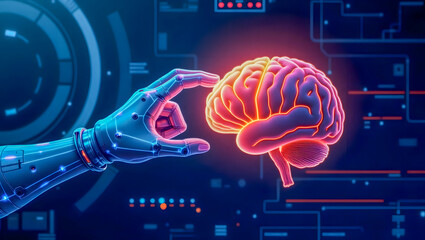 Artificial intelligence and human brain connection with robotic hand and glowing brain