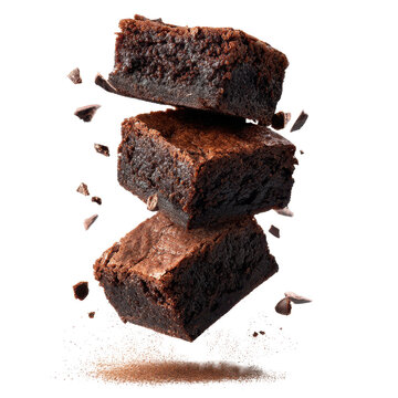 Delicious brownies floating in the air with chocolate crumbs falling around them