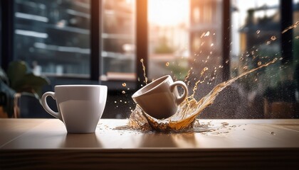 a coffee cup being accidentally knocked over on a desk