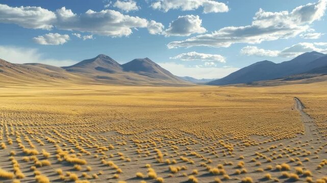 Expansive arid landscape with scattered tufts of golden grass, stretching toward distant mountain ranges under a vibrant blue sky with clouds.