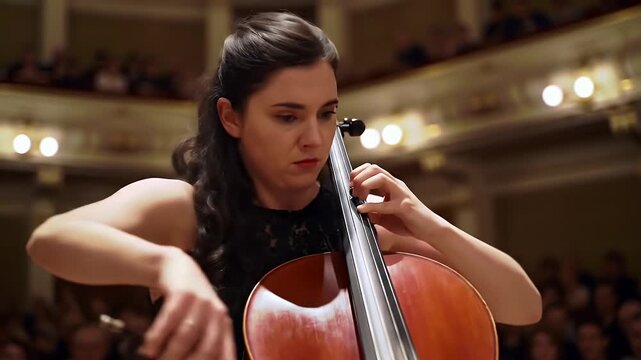 Elegant Woman Plays Cello with Bow in Concert Hall with Audience