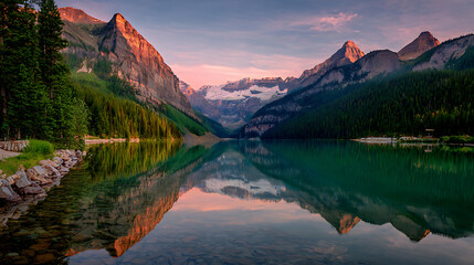 Majestic mountain peaks reflecting in serene alpine lake waters at sunrise reflection