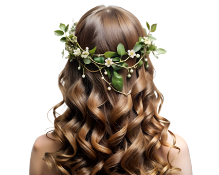 Elegant woman with long wavy brown hair adorned with a delicate floral and pearl crown, isolated on transparent background