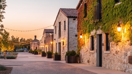 Fototapeta premium Charming stone buildings adorned with ivy line a tranquil pathway at sunset, with warm lights glowing softly