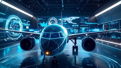 Futuristic Airplane Hangar with Holographic Displays and Advanced Technology - Powered by Adobe