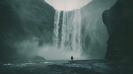 Majestic waterfall cascades over dark cliffs with a lone figure observing mist rocks