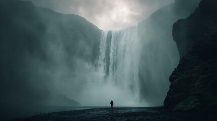 Majestic waterfall cascades through misty canyon with lone figure person silhouette