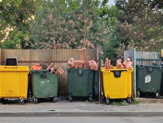 Unconventional scene of discarded mannequins in colorful trash bins  