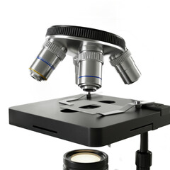 High-powered laboratory microscope with multiple objective lenses and a dark stage, showcasing precision engineering and scientific applications.
