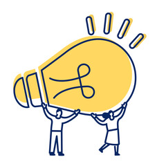 Teamwork Concept with Two People Lifting a Light Bulb