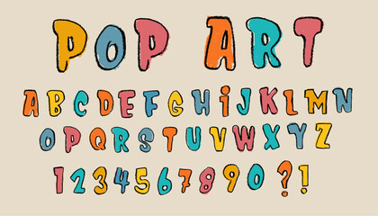 Pop Art Style Easy Font Alphabet and Numbers Crayon Chalk Doodle Drawing Vector Set