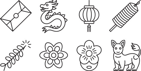 Fototapeta premium Chinese New Year Icons Set Outline Style Envelope Dragon Lantern Firecracker Flower Dog Vector