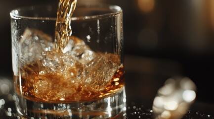 Amber liquor poured into a glass with ice