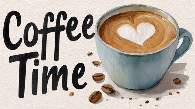 Watercolor painting of a coffee cup with latte art in a heart shape and coffee beans, embodying the concept of coffee time
