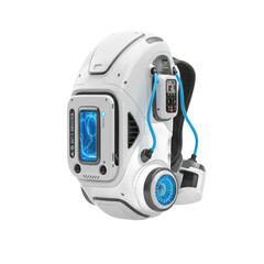 Naklejka premium A futuristic, white backpack-like device, showcasing intricate technological details and vibrant blue accents, commands attention.