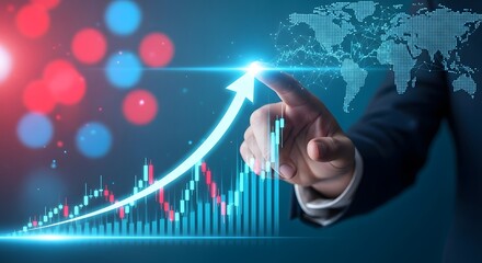 Dynamic hand pointing upwards at growing financial chart, symbolizing business growth and success in global markets